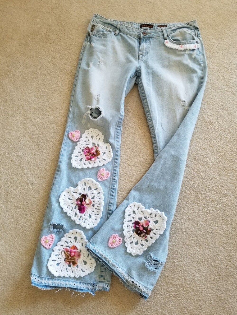 Festival Aeropostale Jeans Denim 11/12R Hearts Galore Crochet Pinks White Boho